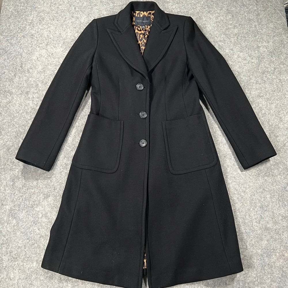 Banana Republic Coat Womens M Black Wool Leopard Lining Mid Classic Ladylike